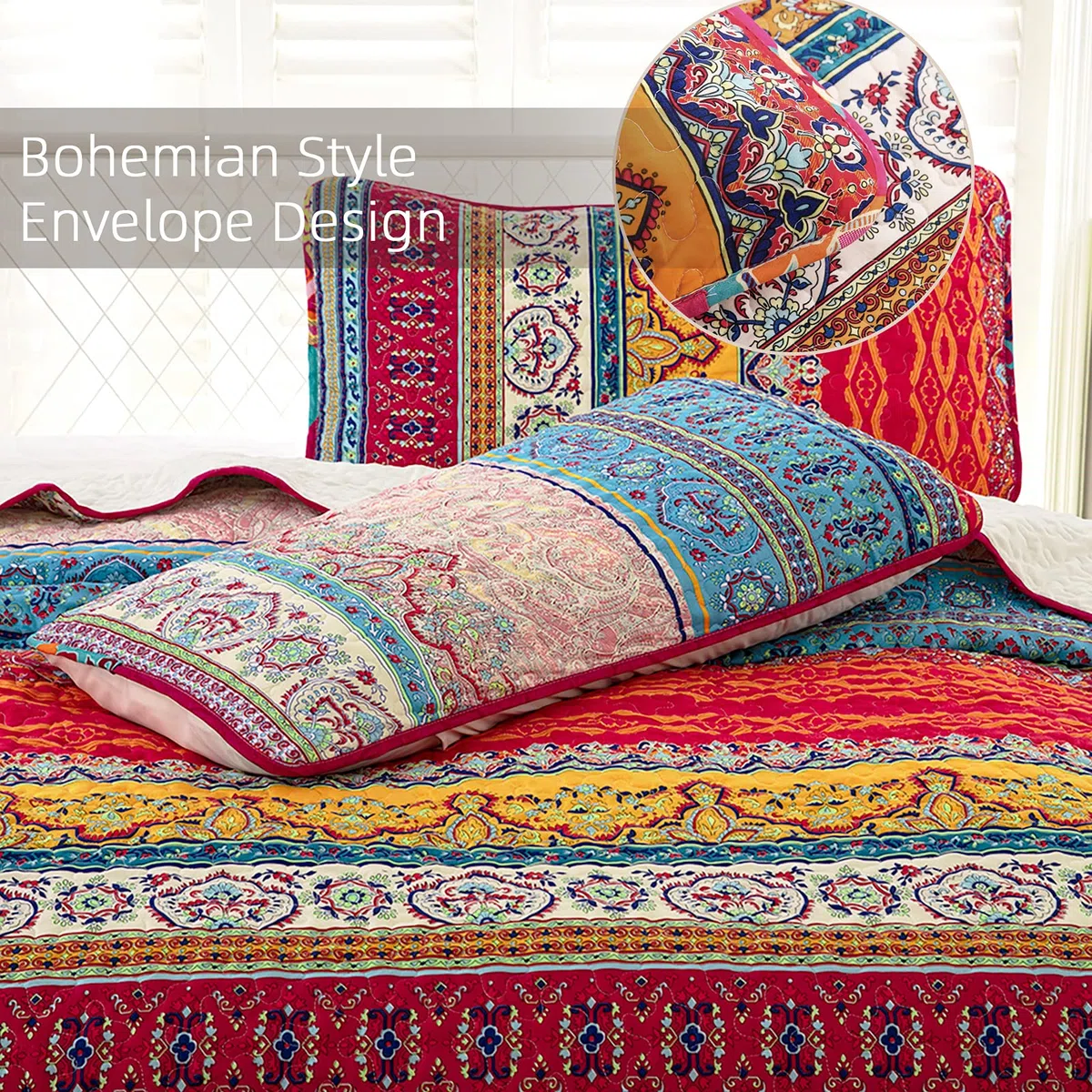 WONGS BEDDING Tagesdecke 220x240 Bettüberwurf Boho Steppdecke 3-teilig Mikrofaser mit 2 Kissenbezug 50x70
