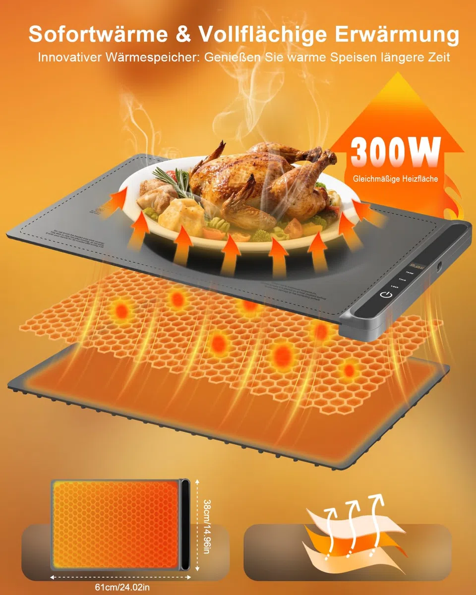 AUTOPkio Warmhalteplatte Elektrisch, Speisenwärmer Wärmeplatte 300W für Speisen Buffetwärmer 6 Temperatur & 9 Timer Automatisch, Kindersicherung für Buffets Server Party Auftauen