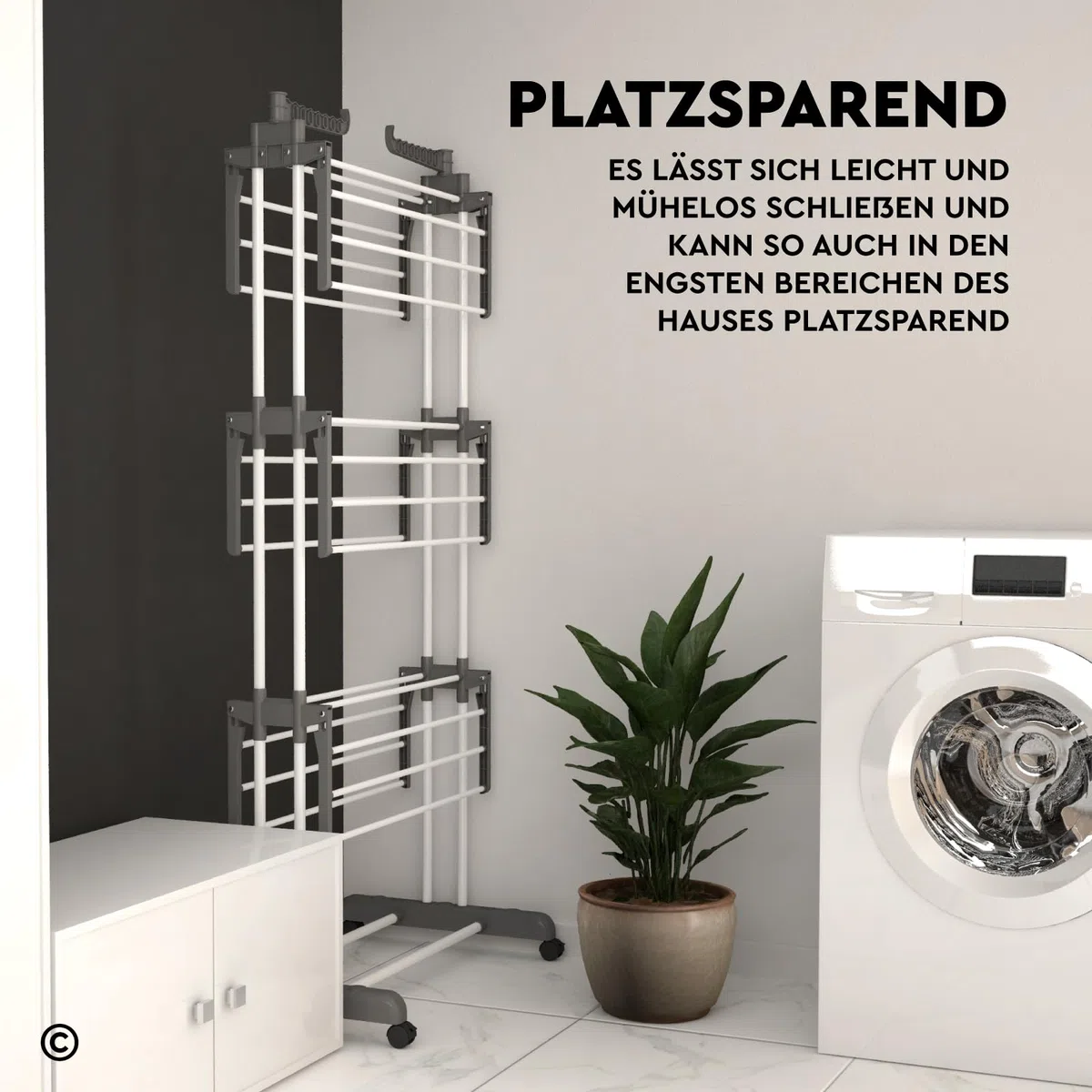 VertiSlim Dry Wäscheständer Klappbar Wäschetrockner Turm Platzsparender mit 4 Ebenen - Turm-Wäscheständer aus Edelstahl - Vertikaler mit Rädern und Seitenflügeln - Farbe Grau für Drinnen Draußen