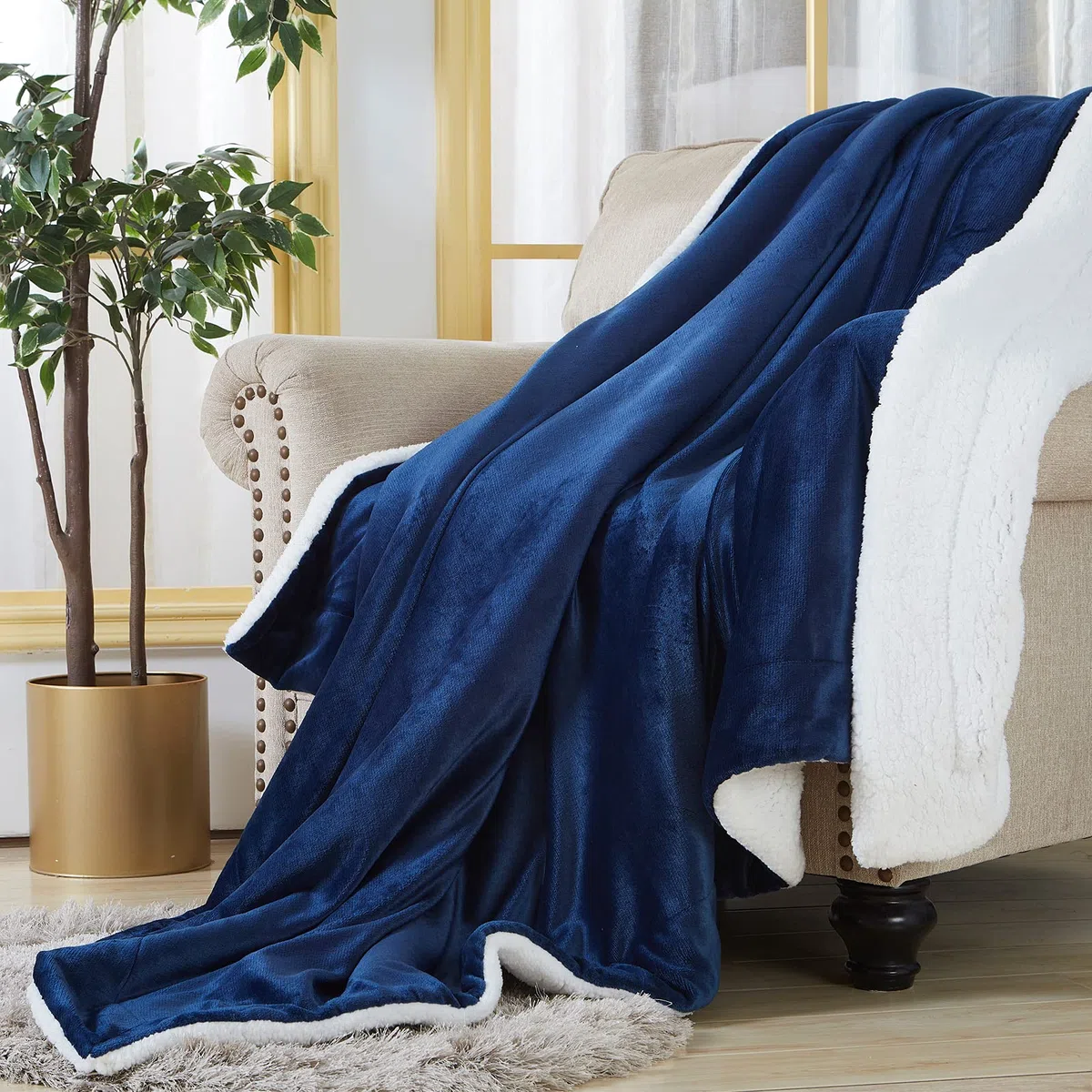 SOCHOW Sherpa Decke Marine Blau zweiseitige Wohndecken Kuscheldecken, extra Dicke warm Sofadecke/Couchdecke aus Sherpa, 220 x 240 cm super flausch Fleecedecke als Sofaüberwurf oder Wohnzimmerdecke