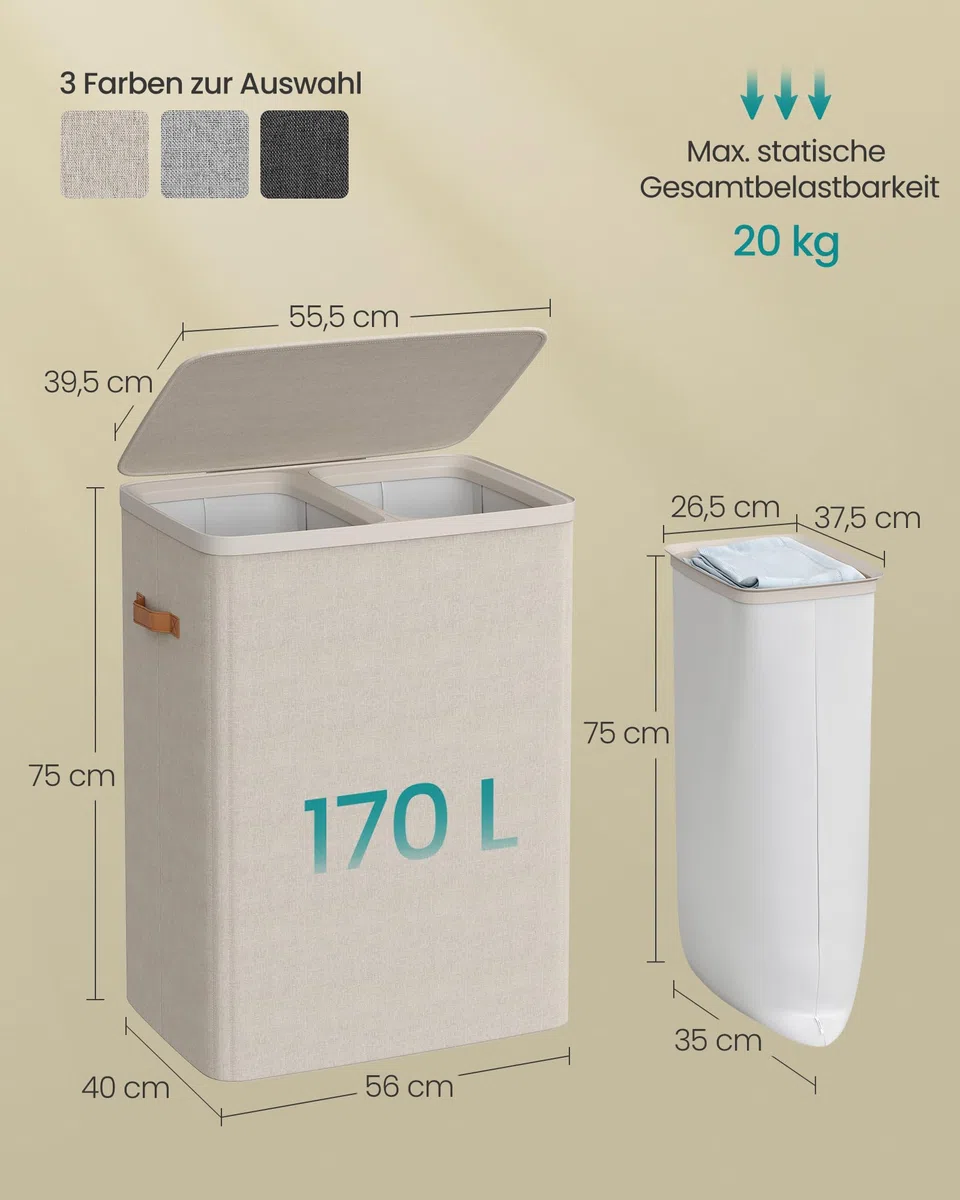 SONGMICS Wäschekorb, 170 L Wäschesammler 2 Fächer, Wäschesortierer, Leichter Aufbau, mit Deckel und Griffen, herausnehmbarer Wäschesack, 56 x 40 x 75 cm, cappuccinobeige LCB813L01