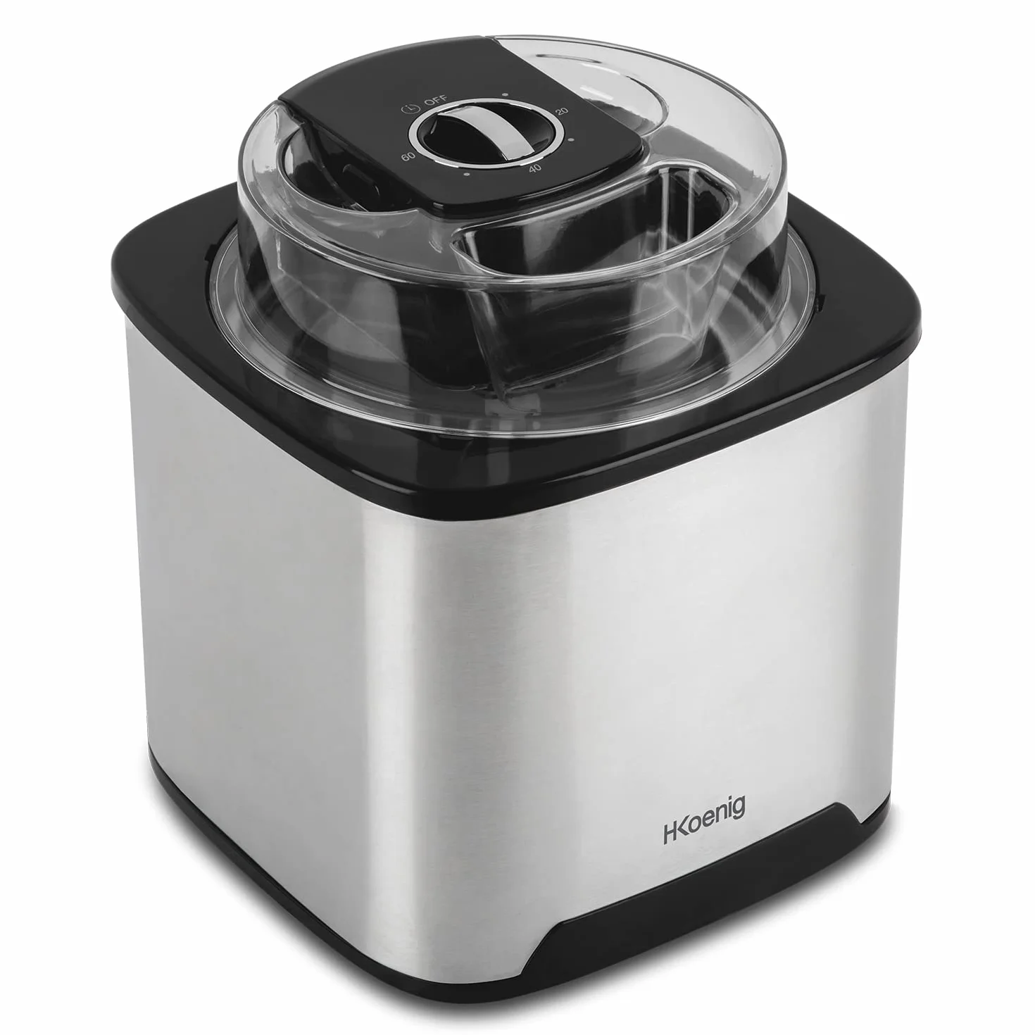 H.Koenig SRB80 Eismaschine, Kapazität 2 l, 12 W, Edelstahl, 30 bis 40 min Zubereitung, 30 U/min, automatische Abschaltung, transparenter Deckel, abnehmbarer Behälter