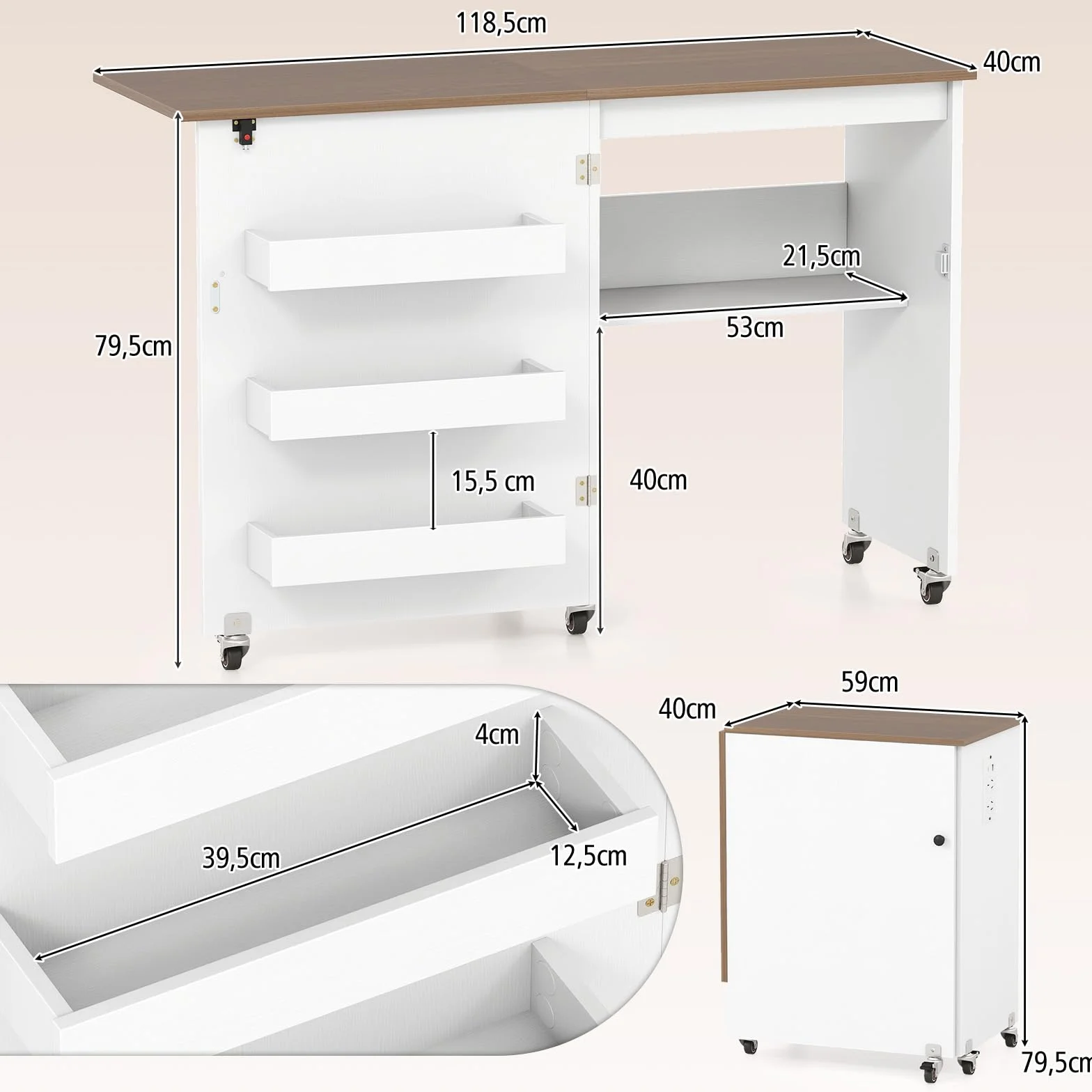 KOMFOTTEU Nähtisch faltbar, Nähmaschinentisch mit Rollen & Ablagefach, Nähmaschinenschrank mit 3 versteckte Behälter, Mobiler Basteltisch für Zuhause, Arbeitszimmer (Weiß+Natur)