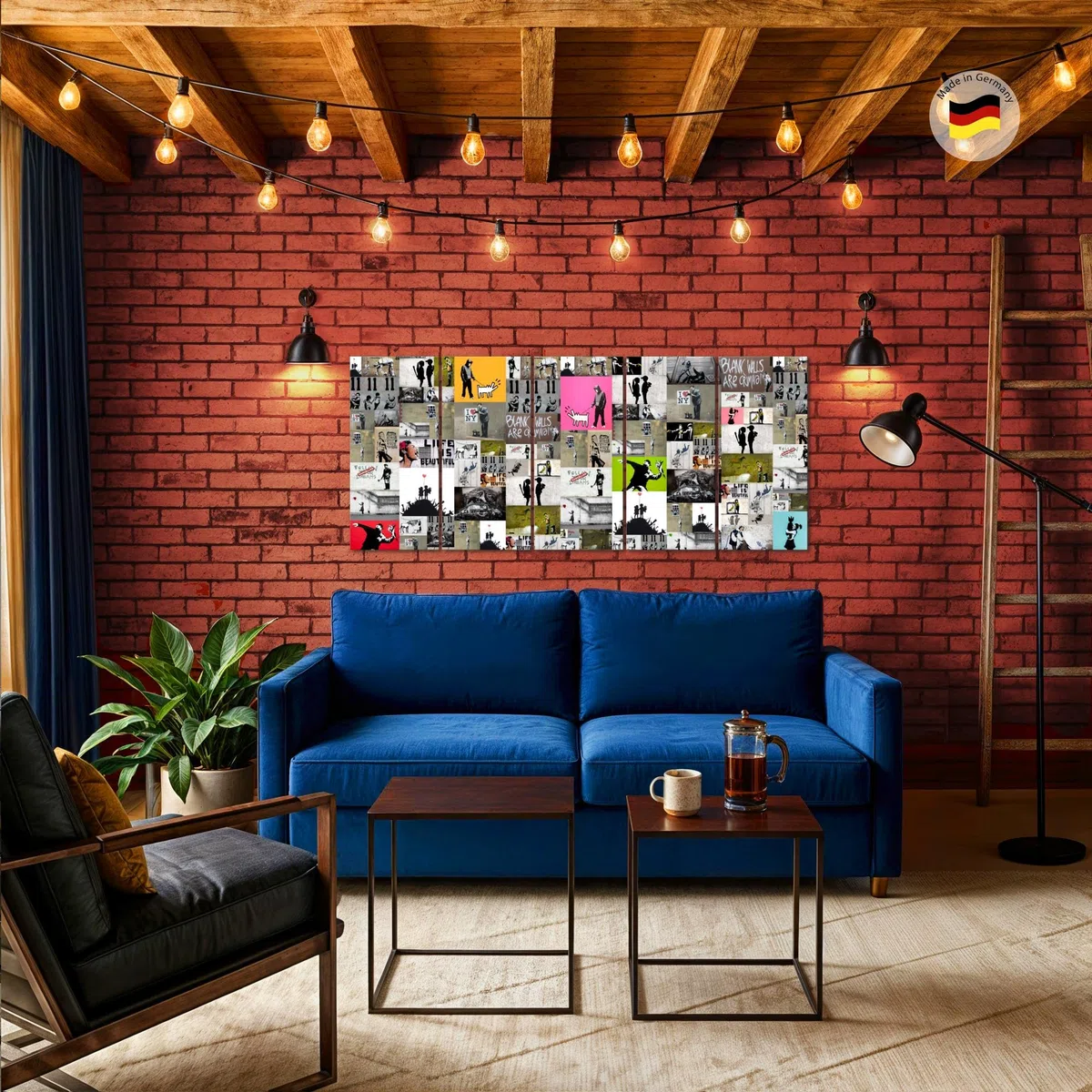 Runa Art Wandbild XXL Collage Banksy Loft Wohnzimmer 200 x 80 cm Bunt 5 Teilig - Made in Germany - 302755a