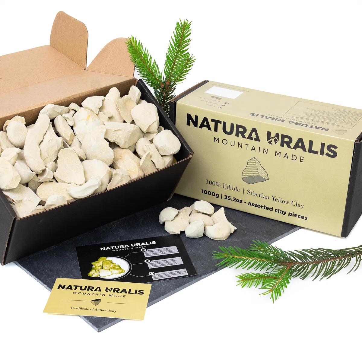 Natura Uralis Sibirischer Gelber Ton | 1000g Natürlicher Gelber Ton, Pastell- bis Goldgelb - Erstaunliches Knirschen, Befriedigend Erdige, Samtige Und Feste Textur, ASMR-Erlebnis