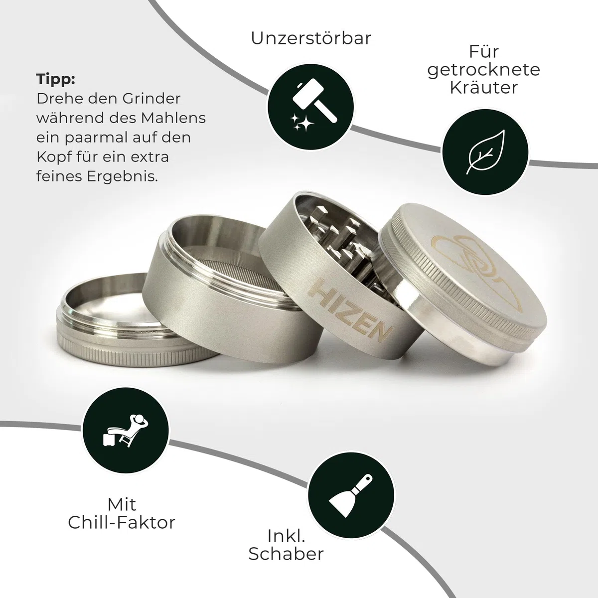 Grinder Edelstahl 4-teilig, unverwüstlicher Crusher mit Pollenfach + Schaber, Kräutermühle, Gewürzmühle - abriebfest, magnetisch - Silber Matt Ø4.9cm