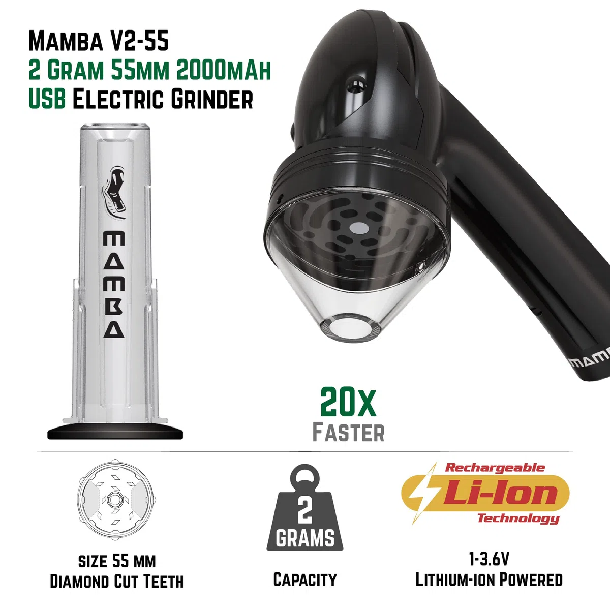 Mamba Grinder Schwarz 1g – Elektrische Gewürzmühle, USB-aufladbar, Mahlwerk aus Aluminiumlegierung, Gewürz Crusher, inklusive Zubehörset – Vor der Verwendung vollständig aufladen