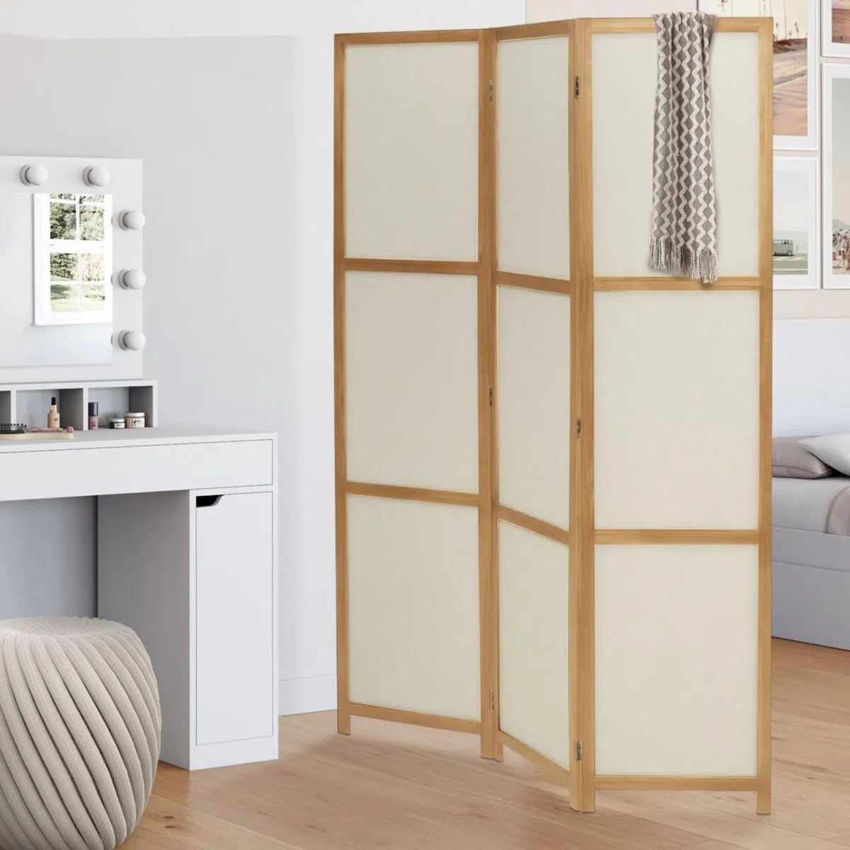 IDMarket - Innenparavent aus Holz und beigem Stoff
