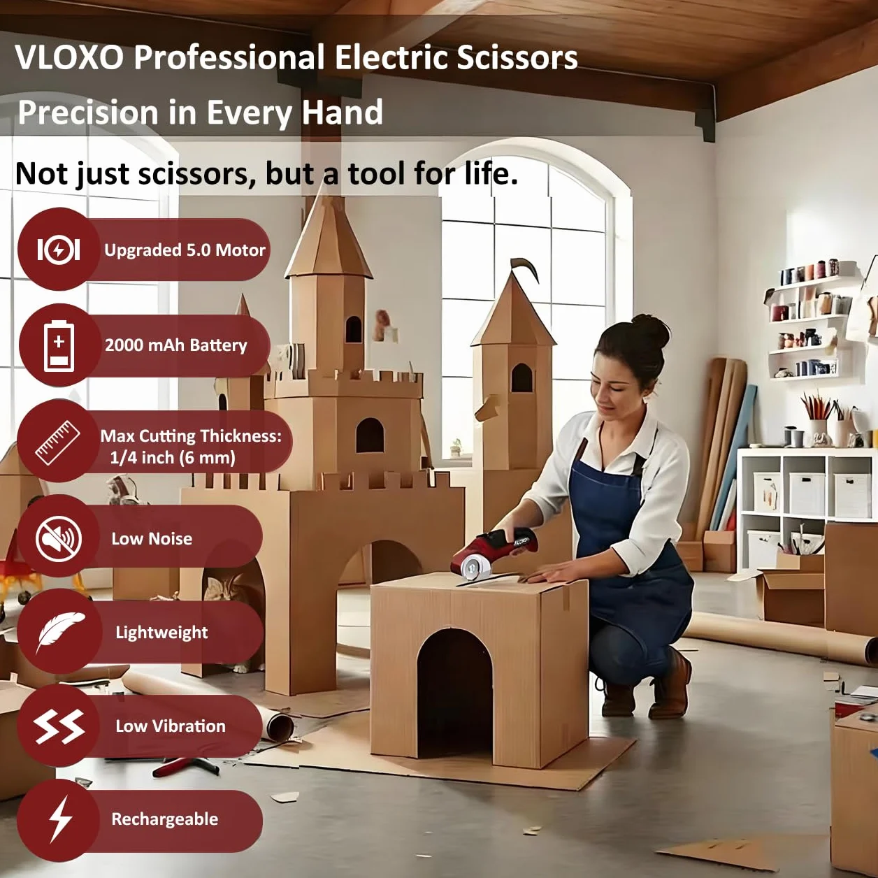 VLOXO Kartonschneider Elektrisch 4V Elektrische Schere Akku mit Leistungsstarkem 5.0 Motor, Selbstschärfende Wolframstahl-Klinge, Universalschere Akkuschere für 6mm Karton, Pappe, Teppich, Leder, DIY