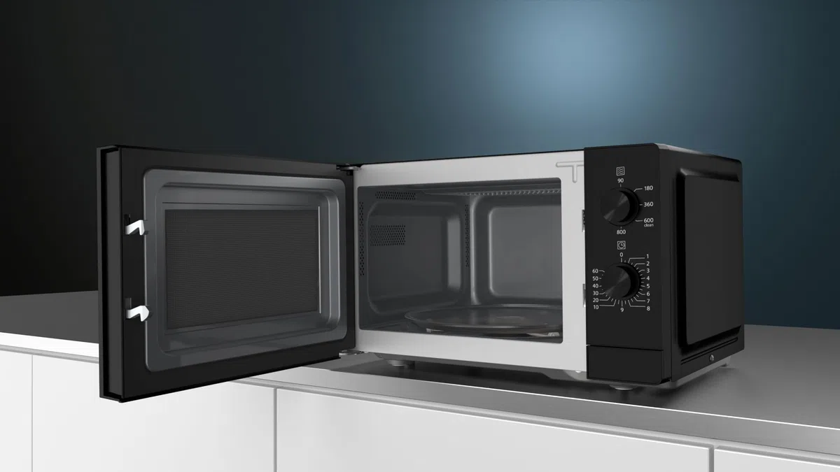 Siemens FF020LMB2 iQ300 Mikrowelle, 44 x 26 cm, 800 Watt, Drehteller 27 cm, Türanschlag links, LED-Innenbeleuchtung, Schwarz, 20 L