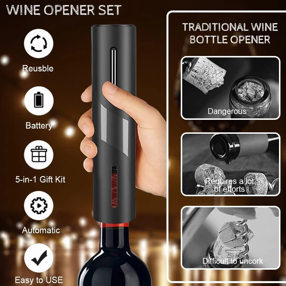 Elektrischer Korkenzieher Wein, Geschenkbox 6-in-1 Elektrischer Weinflaschenöffner mit Folienschneider, Vakuumstopfen und Weinausgieer, USB Wiederaufladbare Batterie