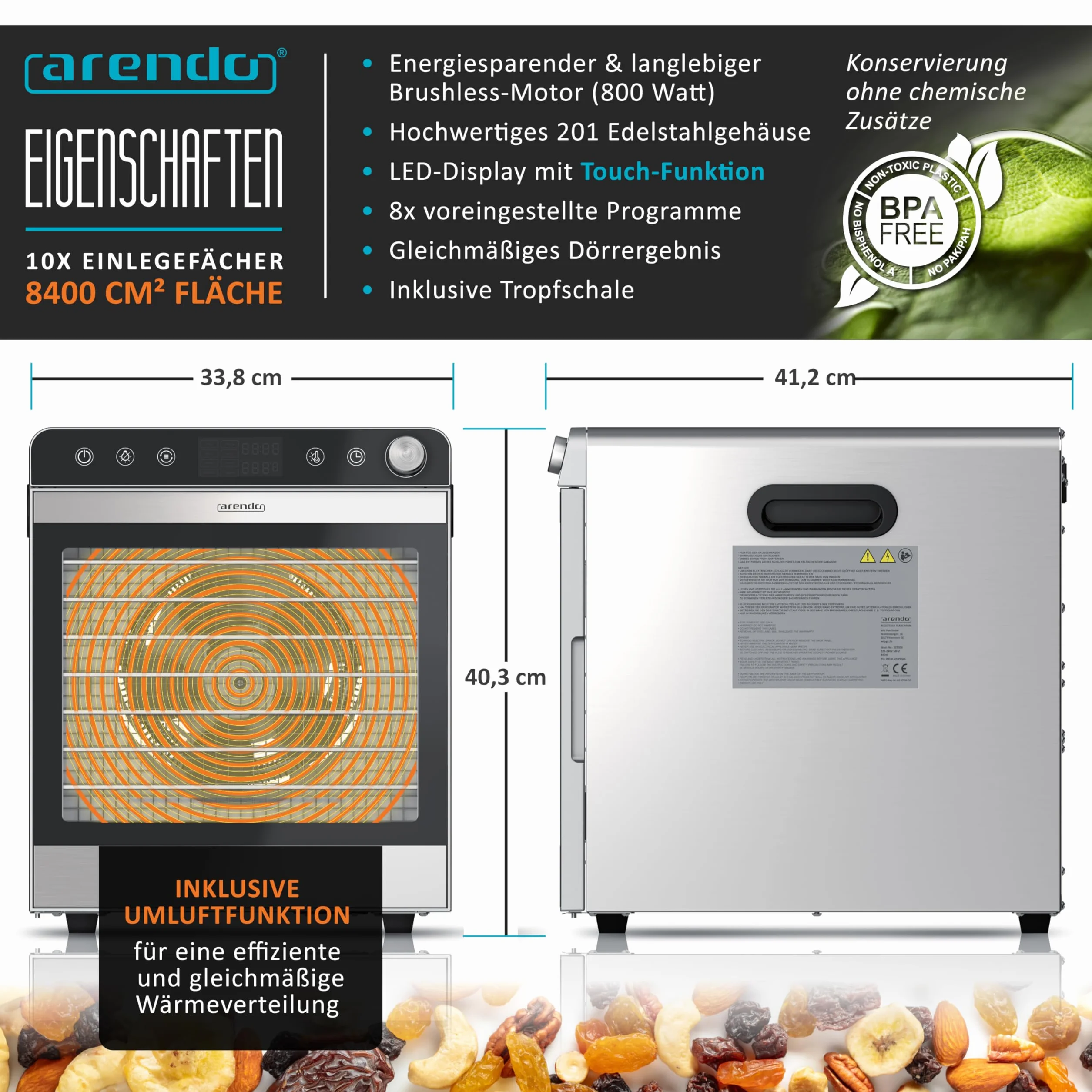 Arendo - Dörrautomat Edelstahl mit 10 Edelstahlgitter - 8400 cm² - Dörrgerät Dehydrator Obsttrockner Dörrapparat - Obst Fleisch Pilze uvm