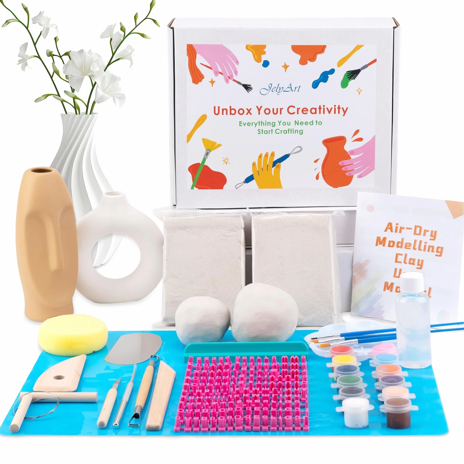 JelyArt Töpferset für Anfänger Lufttrocknender Ton Selbsttrocknender Ton für zuhause - Lufttrocknend DIY Set für Erwachsene Keramik Kreativset Tonset ohne Brennen Geschenke Bastelset (Clay Set)