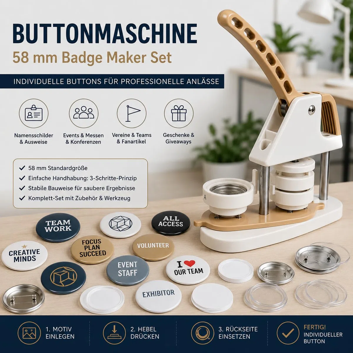 ButtonManufaktur Buttonmaschine 58 mm Set inkl. Material für 100 Buttons & Kreisschneider – Button Maker, Badge Maker und Buttonpresse für Anstecker, Pins, Vereine, Events & Workshops