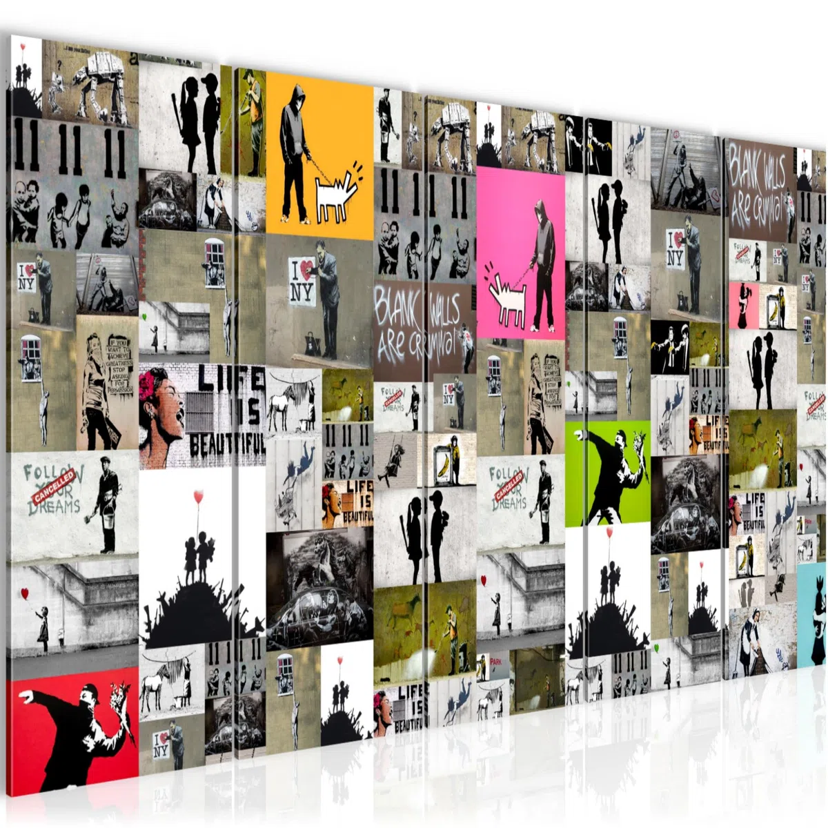 Runa Art Wandbild XXL Collage Banksy Loft Wohnzimmer 200 x 80 cm Bunt 5 Teilig - Made in Germany - 302755a