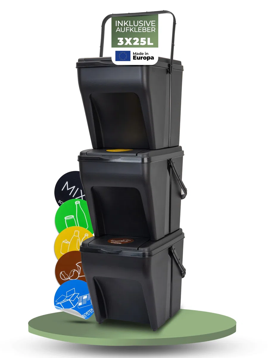 Novaliv Mülltrennsystem Set - 3x 25L Mülleimer Trennsystem - Mülleimer 4 Fächer - Mülltrennsysteme stapelbar - Mülltrennung Recycling Behälter - Abfalltrennsystem - Müll Organizer Müllsortierer