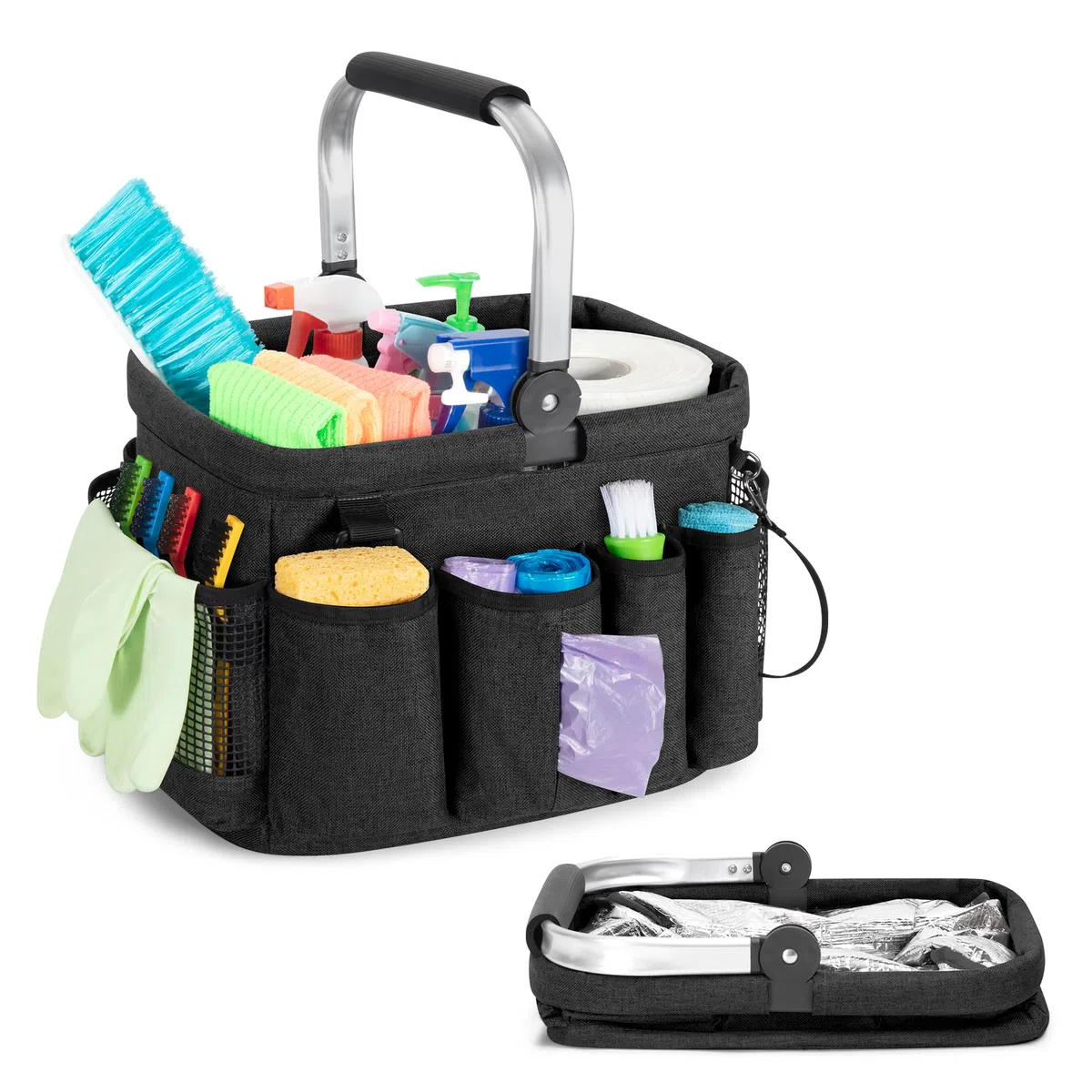 PGmoon Reinigungstasche mit Griff, Reinigungskorb mit mehreren Fächern für Reinigungsutensilien, Putzmitteln Tasche für Haushalte, Autoreinigung, Schwarz
