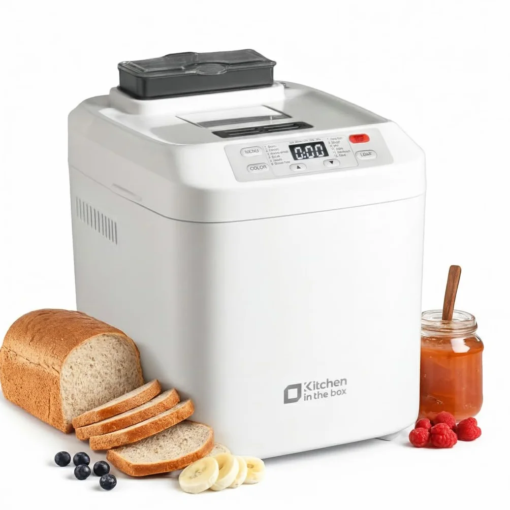 Kitchen in the box Brotbackautomat mit 12-in-1 Programmen, 2 Brotgrößen, 900g, Brotbackmaschine mit 13h Timer, Zutatenspender & Antihaft-Backform, Weiß