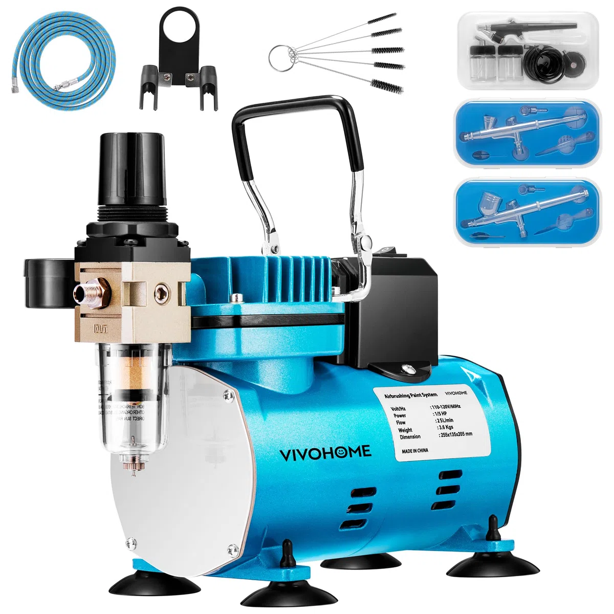 VIVOHOME Airbrush-Set mit 1/5 PS professionellem Luftkompressor und 3 Dual-Action-Airbrush-Pistolen, Schwerkraft- und Siphon-Zufuhr, leises Airbrush-Set mit Halter, Reinigungsbürste, Klebeband