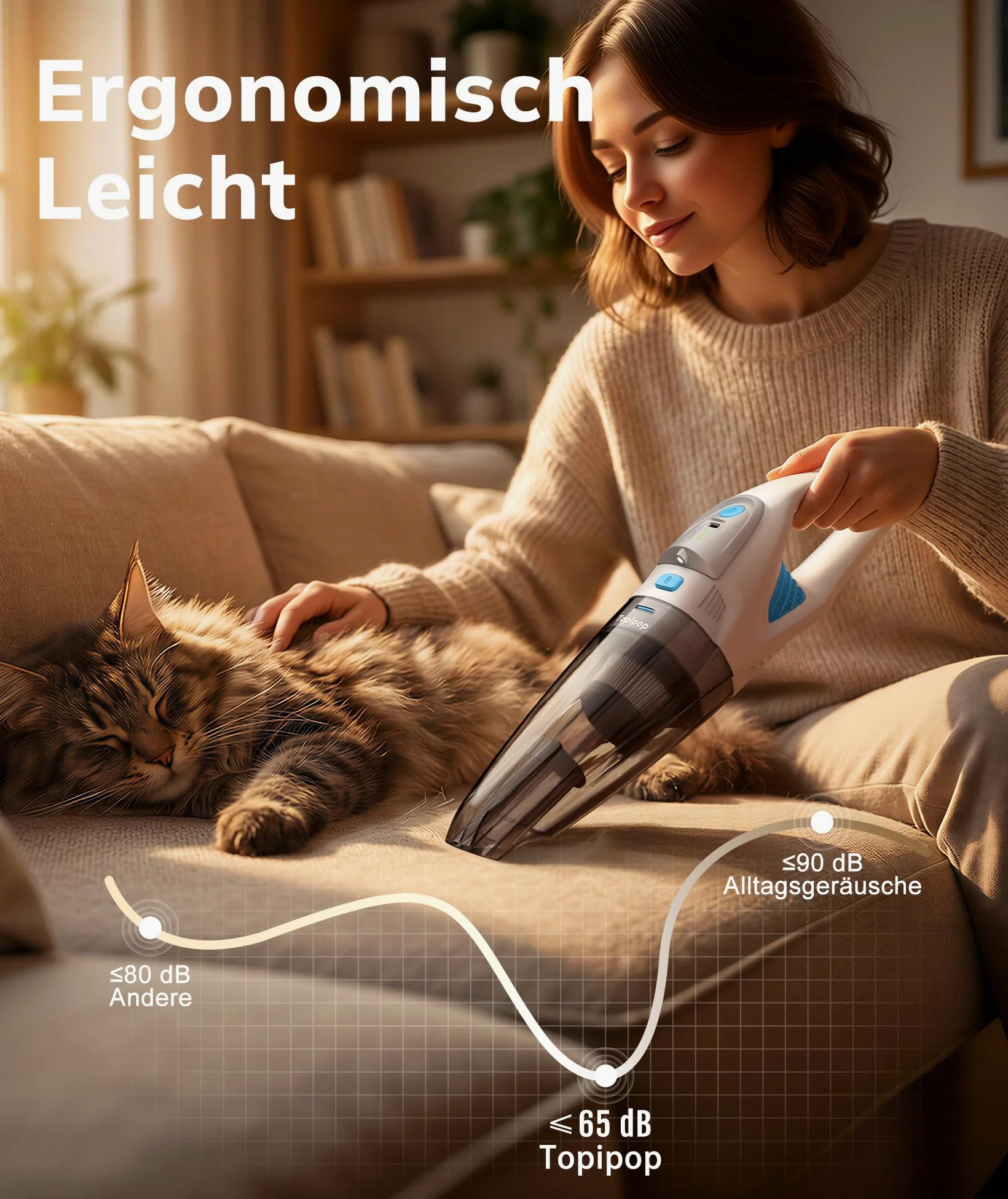Topipop Handstaubsauger Akku mit 25000Pa Starke Saugkraft,Kabelloser Staubsauger mit HEPA-Filter & Aufsätzen–Leichter Autostaubsauger für Tierhaare,Teppich Haus,Büro,Küche (Weiß)