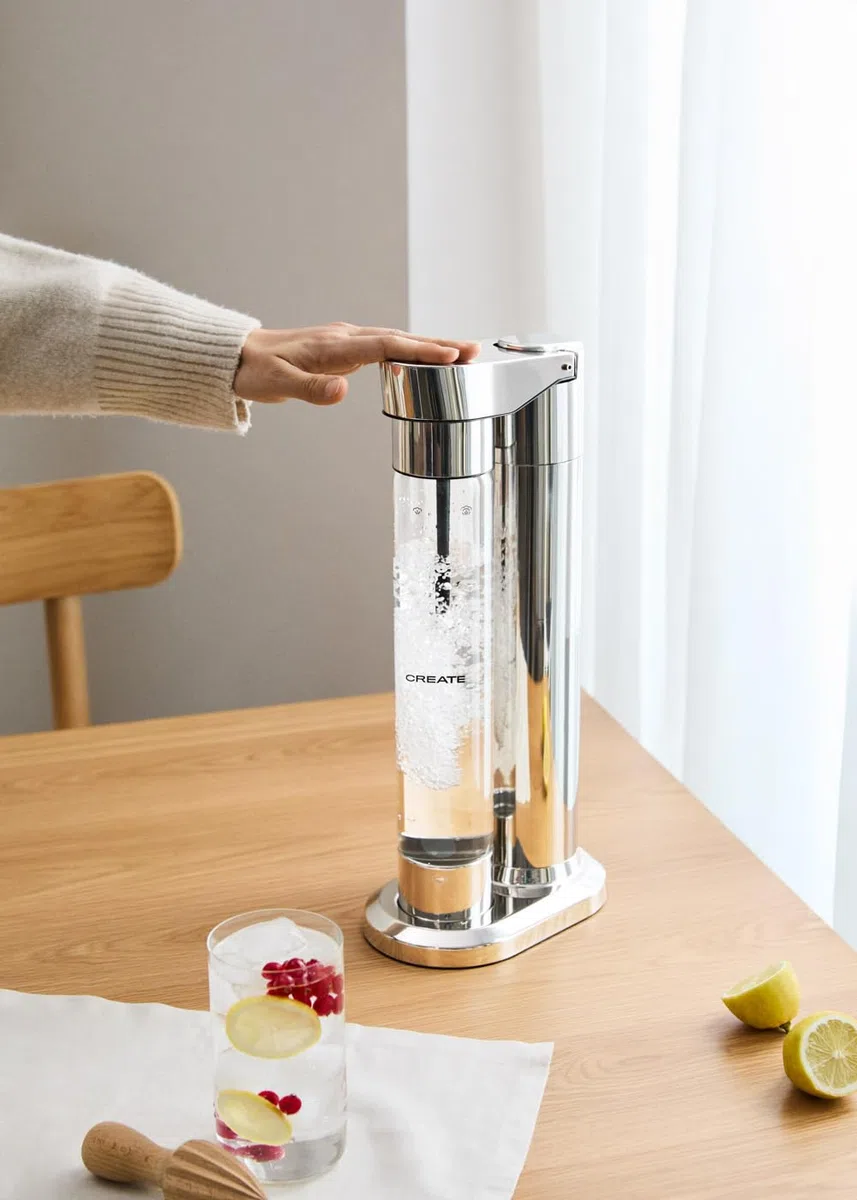 CREATE SODA MAKER STUDIO / 1L CHROM + DOPPELFLASCHE 500ml + 350ml / KEINE CO2-Zylinder, BPA freie Flasche