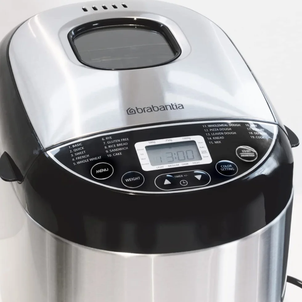 Brabantia Brotbackmaschine, Brotbacker, 19 Programme, 15 Stunden Verzögerungstimer, Warmhaltefunktion, 3 Bräunungsstufen, Geeignet für Diäten und Allergien, Edelstahl, BBEK1114