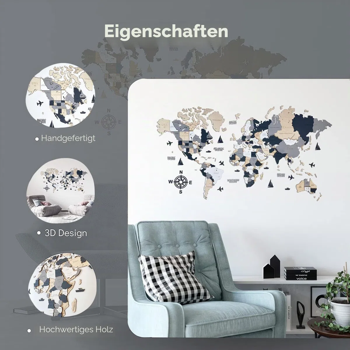 Holz-Weltkarte, 3D-Kunst, große Wanddekoration, für jeden Anlass, in den Größen M, L, XL, Geschenkidee, Wandkunst für Zuhause, Küche oder Büro