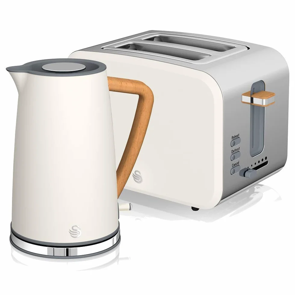 Swan Nordic Set Frühstücks-Wasserkocher 1,7 l 2200 W kabellos breiter Schlitz 2 Scheiben 3 Funktionen Holzoptik Weiß
