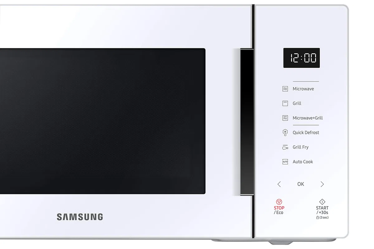 SAMSUNG MG23T5018CW Mikrowelle mit Grill, 23 l, 800 W, Keramik, Emaille, Grill Fry und Standby Eco, Weiß