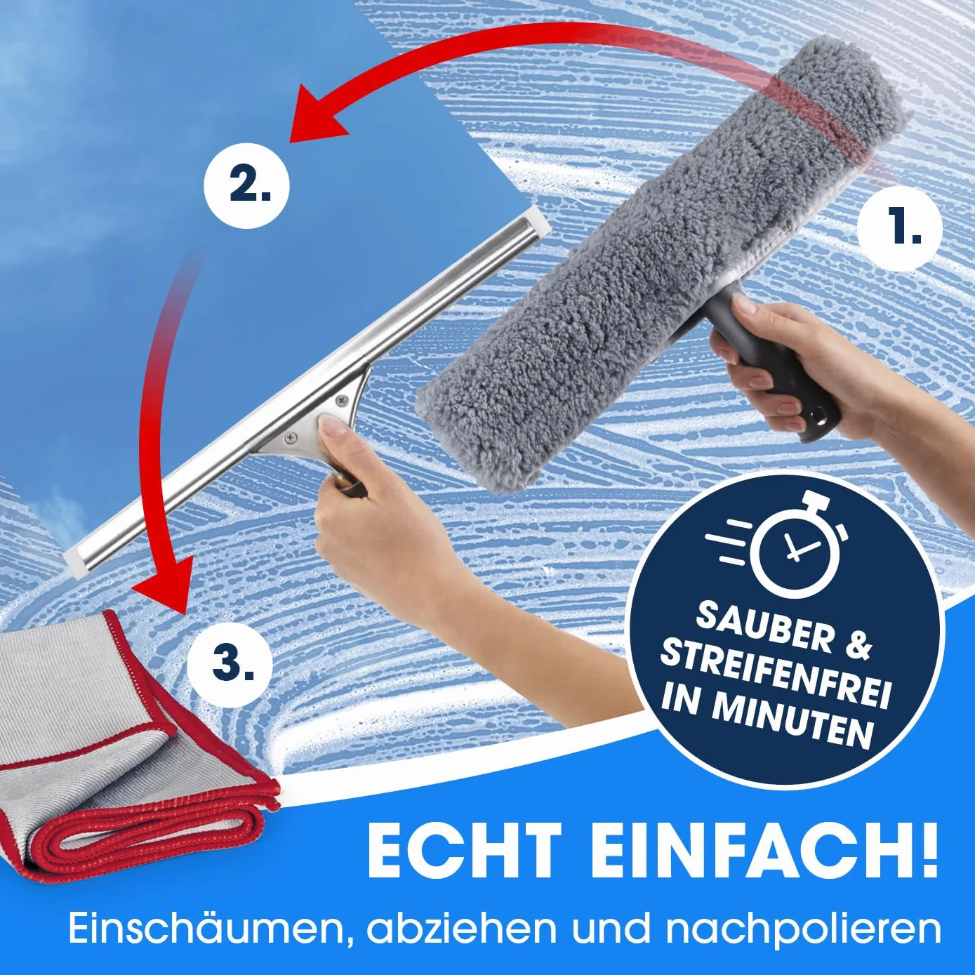 CLEANmaxx Fensterreiniger Set | 7-TLG. Fensterputzer Set für Oberflächen in Haus & Auto - inklusive Fensterabzieher, Fensterwischer, Reiniger, Wischtuch, Eimer und Halterungen für Wischer & Abzieher