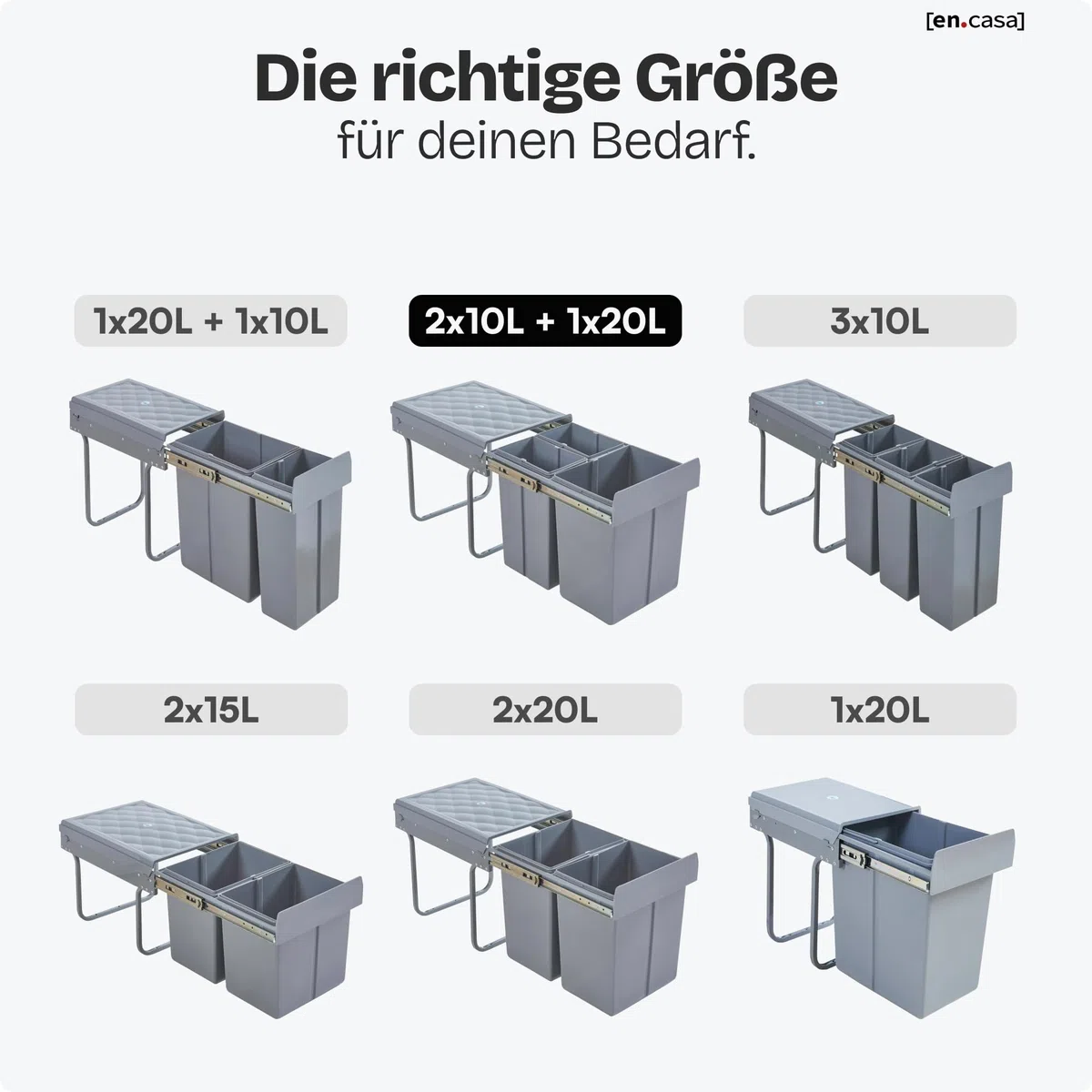 [en.casa] Einbaumülleimer Froland Mülleimer 3 Fächer Mülltrennsystem ausziehbar Abfalleimer Küche 2x10L+1x20L herausnehmbare Behälter 48 x 34 x 42 cm Küchenmülleimer Grau