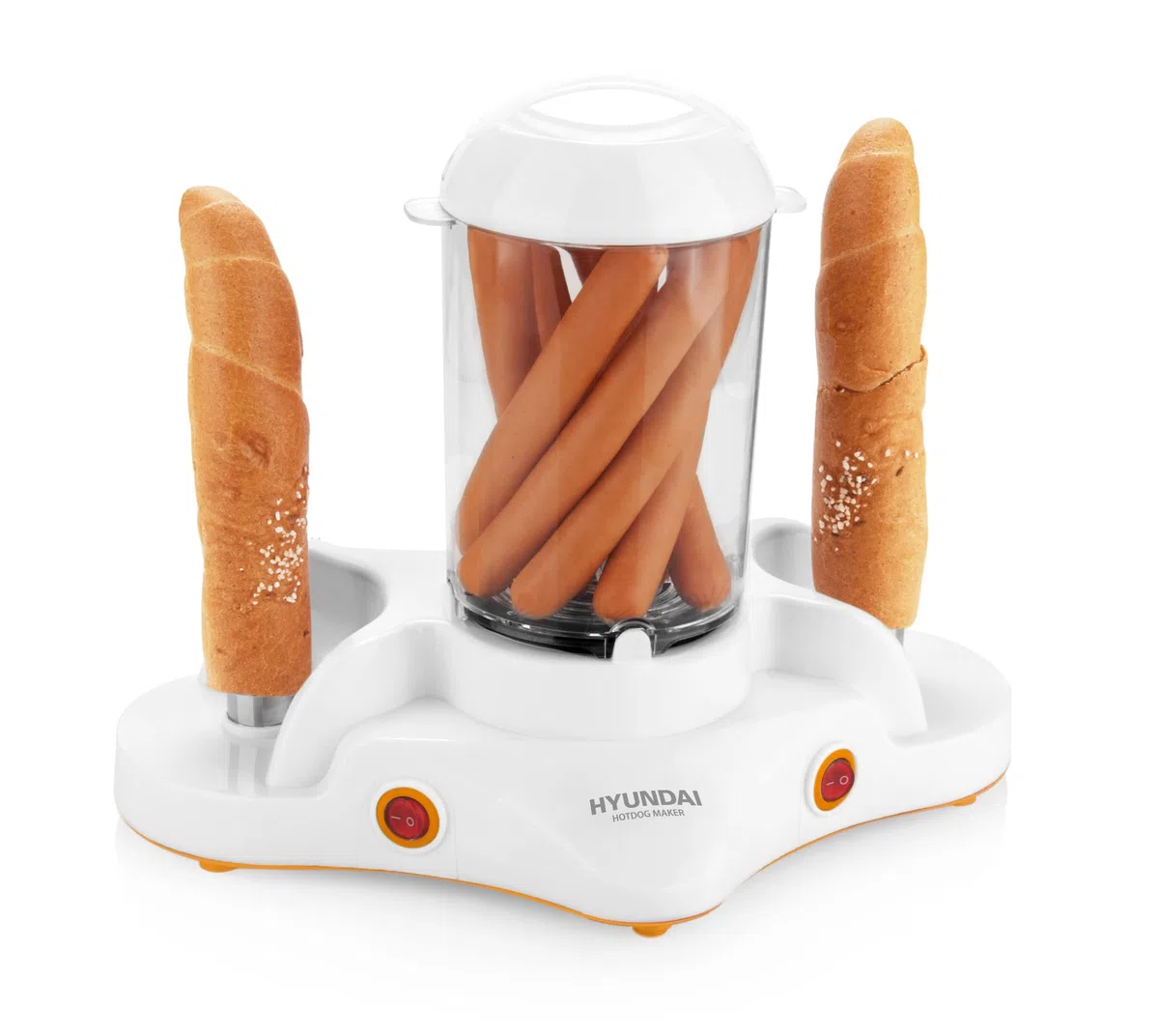 HYUNDAI Hot-Dog-Maker HDM 120 I 1-12 Würstchen I 1-6 Eier I Maiskolben kompatibel I 2 Ständer zum erhitzen von Brötchen I Kleiner Helfer für Wiener, Eier und Mais