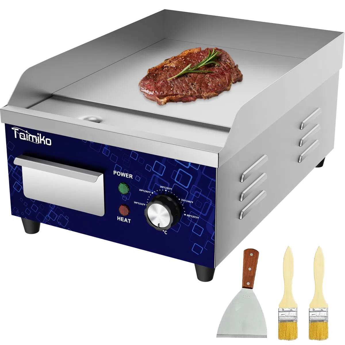 TAIMIKO Elektrische Grillplatte glatt 1700 W Elektro-Grillplatte Edelstahl Gusseisen Gastro Griddleplatte Präzise Temperaturregelung
