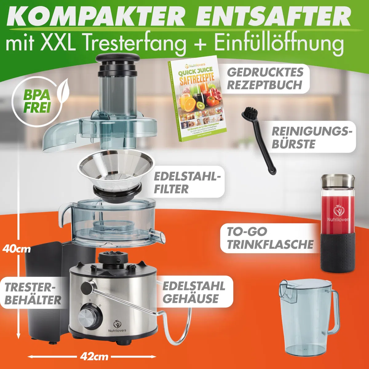 Nutrilovers Entsafter QUICK-JUICER MAX Zentrifugal-Entsafter Obst und Gemüse entsaften, 800W, XXL Einwurf, Edelstahl-Sieb, Externer Tresterbehälter, BPA-frei inkl. Trinkflasche + Rezeptbuch