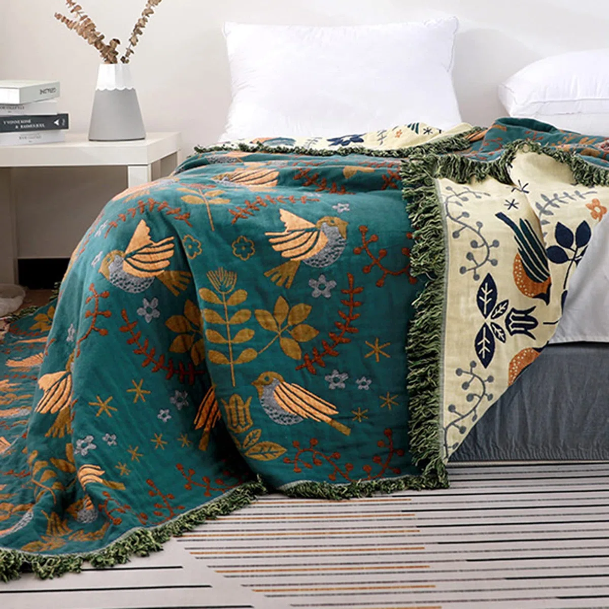 HOORDRY Doppelseitig Boho Tagesdecke 150x200CM Baumwolle gewebte Decke mit Fransen