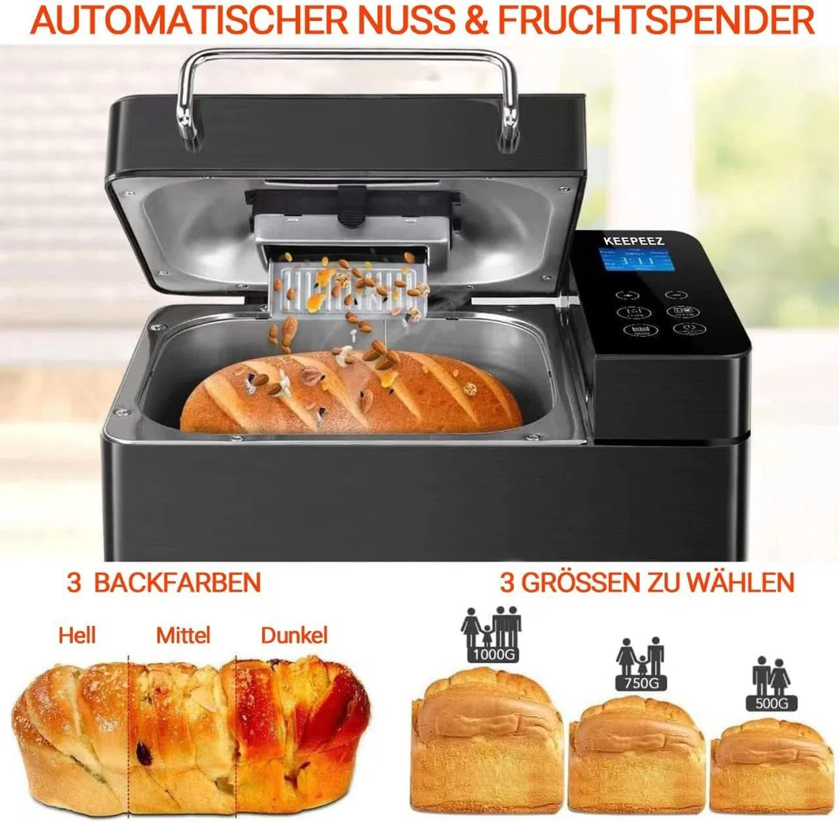 2LB Brotbackautomat, 17-in-1 Quarz Schnellheizer Brotbackautomaten Edelstahl with 2 Paddles, Auto Nut Dispenser, Brotbackmaschine with Keramik-Pfannen, Glutenfrei, 3 Brotgrößen & 3 Backfarben