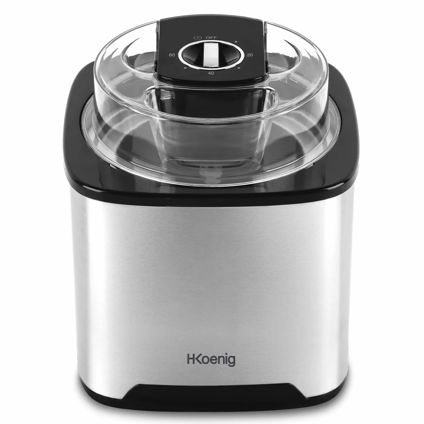 H.Koenig SRB80 Eismaschine, Kapazität 2 l, 12 W, Edelstahl, 30 bis 40 min Zubereitung, 30 U/min, automatische Abschaltung, transparenter Deckel, abnehmbarer Behälter
