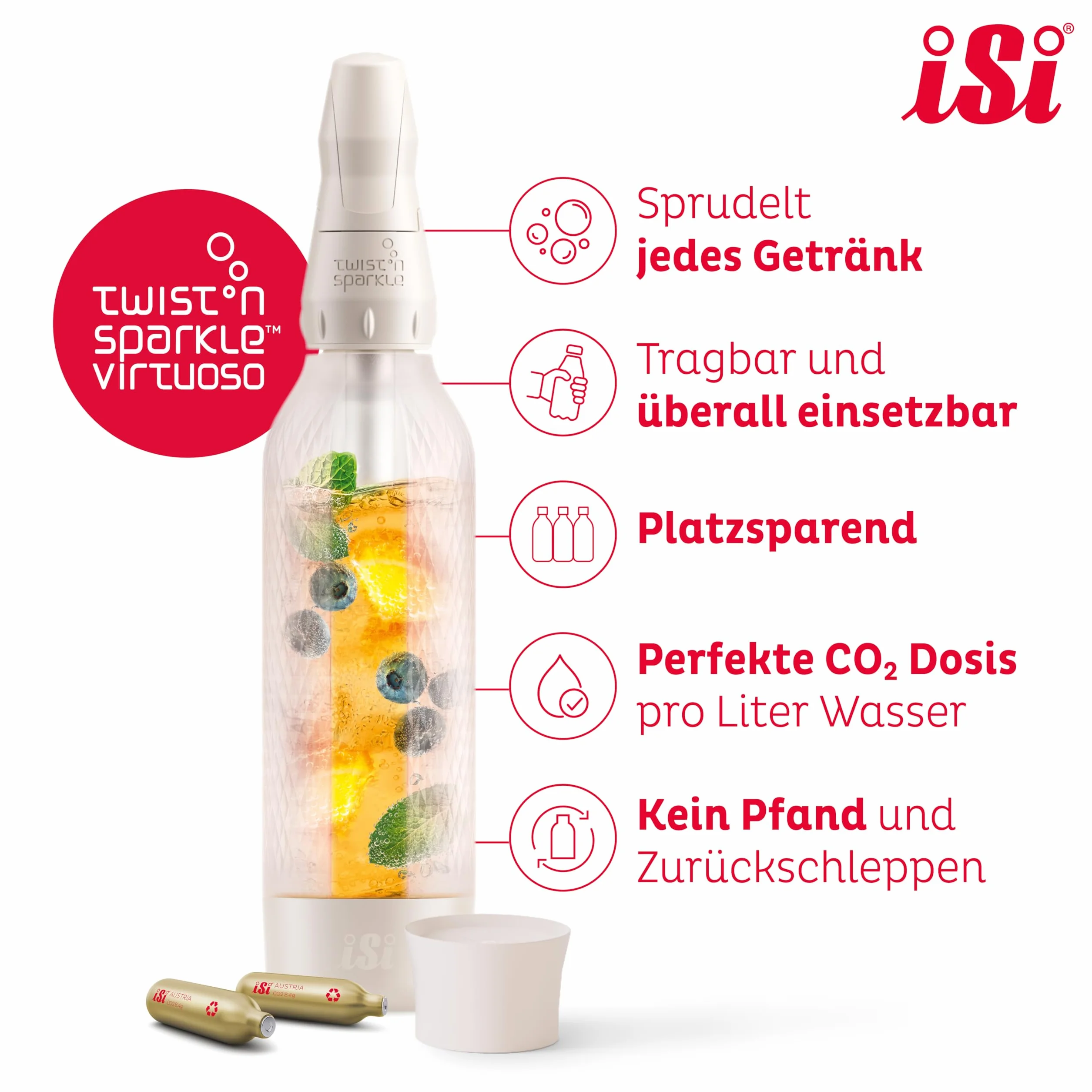 iSi Twist'n Sparkle Virtuoso Wassersprudler 0.95L – Soda Maker für Sprudelwasser, Säfte & Cocktails – Wasser Sprudler & Soda Maker mit rutschfester Silikon Hülle – Alternative Sprudelwasser Maschine