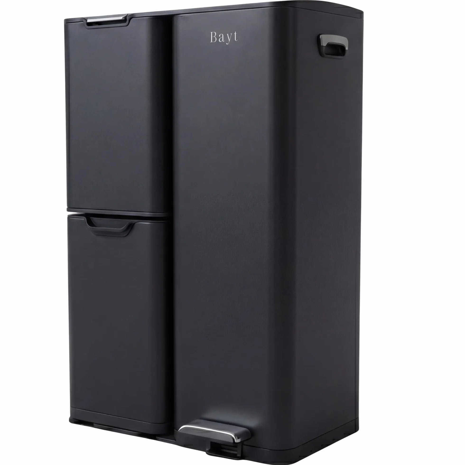 Bayt Mülleimer 3 Fächer - 60L Abfalleimer mit Mülltrennsystem | Edelstahl Mülleimer für Küche, Büro & Haushalt | Hygienischer Abfallbehälter mit Pedal (Schwarz)