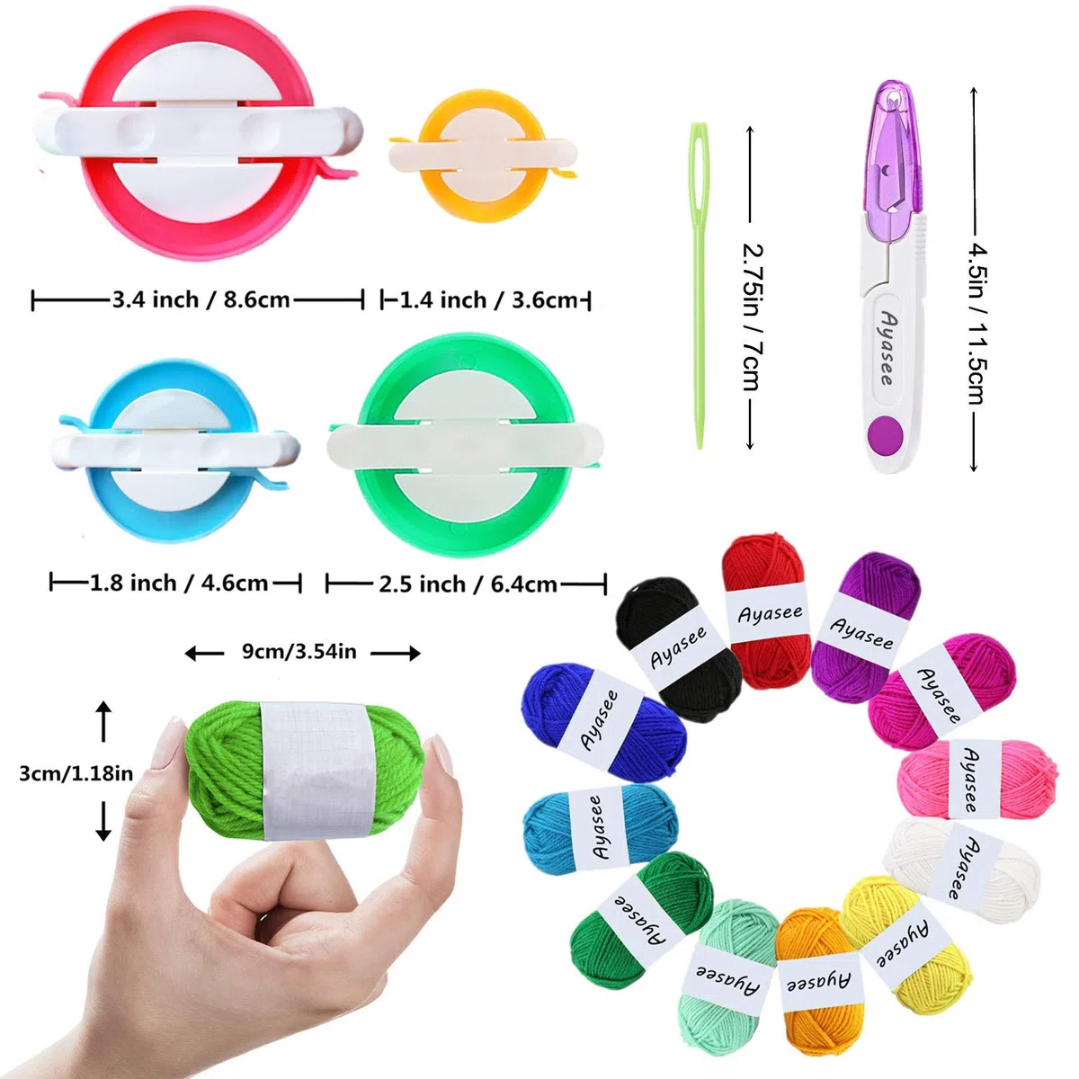 Pompom Maker, 4 Größen Pom Pom Maker für Fluff Ball Weaver Needle Craft DIY Wollstrickwerkzeug Set Dekoration + 12PS Acrylgarn + 10PS Strickstichmarker + 10PS Plastiknadeln + 1PS Schere (37a)