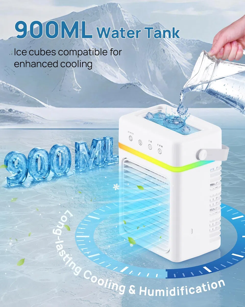 Klimaanlage Mobil 4-IN-1, Mini Mobiles Klimagerät mit 900ML Wasserkühlung, USB betrieben, 3 Geschwindigkeiten & 2 Sprühstufen, 2-6 Stunden Timer, Dimmbare RGB-LED-Beleuchtung, Ideal für Kleine Räume
