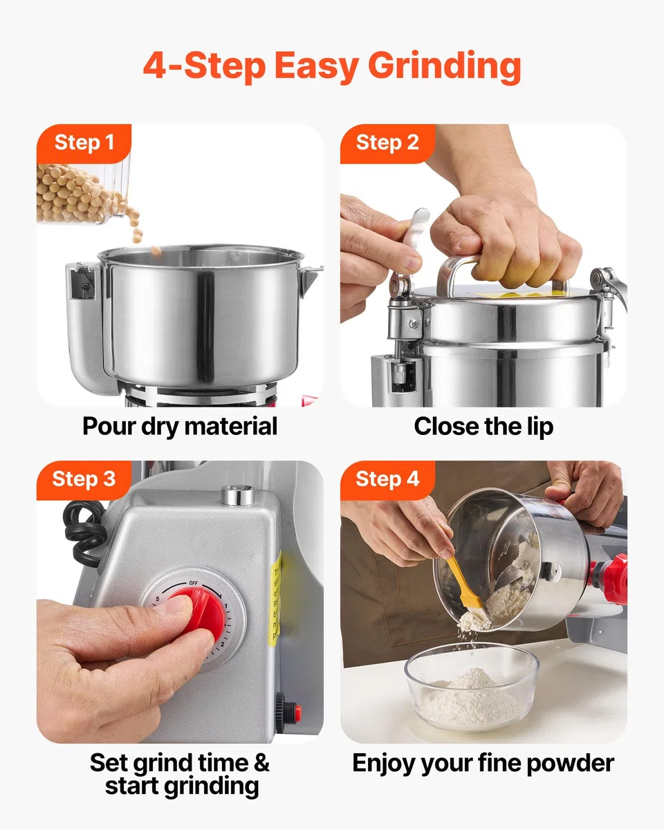 VEVOR Elektrische Getreidemühle 800 g, Getreidemühle 2100 W Edelstahl, Gewürzmühle für Trockenes Getreide Gewürze Müsli Kaffee Mais Pfeffer, Schwenktyp Pulverisiermaschine 220x190x375 mm