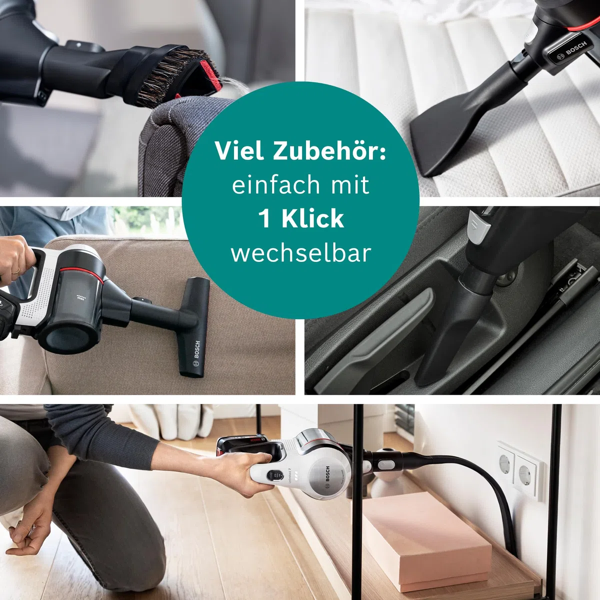 Bosch Akku-Staubsauger Unlimited 7 BSS711W, kabelloser Handstaubsauger, beutellos, Wechselakku, Knickrohr, Hygiene-Filter, 10 Jahre Motorgarantie, XXL-Polsterdüse, LED-Beleuchtung, Turbostufe, weiß