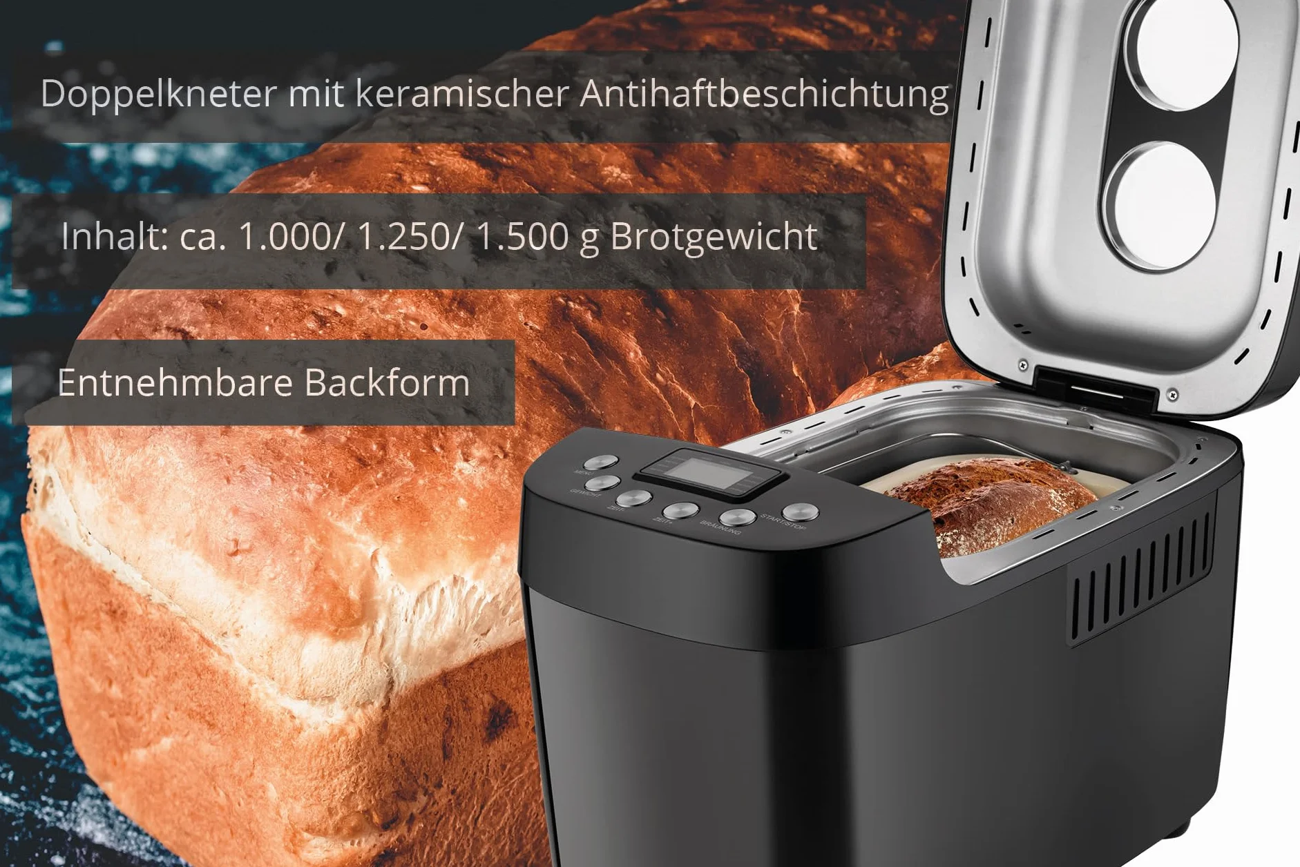 Unold 68525 BACKMEISTER Big Black - Schwarz, für bis zu 1.500g Brot, 15 Programme, auch für glutenfreies Brot, Timerfunktion, Waremhaltefunktion, LCD Display