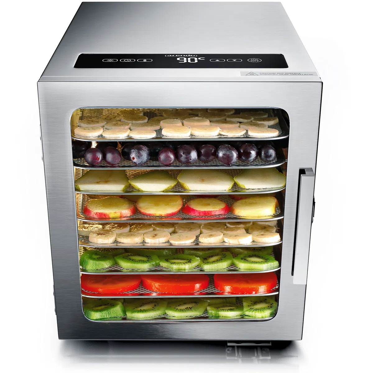 Arendo - Edelstahl Dörrautomat 8 fach - 500 Watt mit Temperaturregler - Dörrgerät für Lebensmittel Fleisch Früchte Obst Pilze - Timer bis zu 24 h - 8 Einlegefächer - GS - Dehydrator