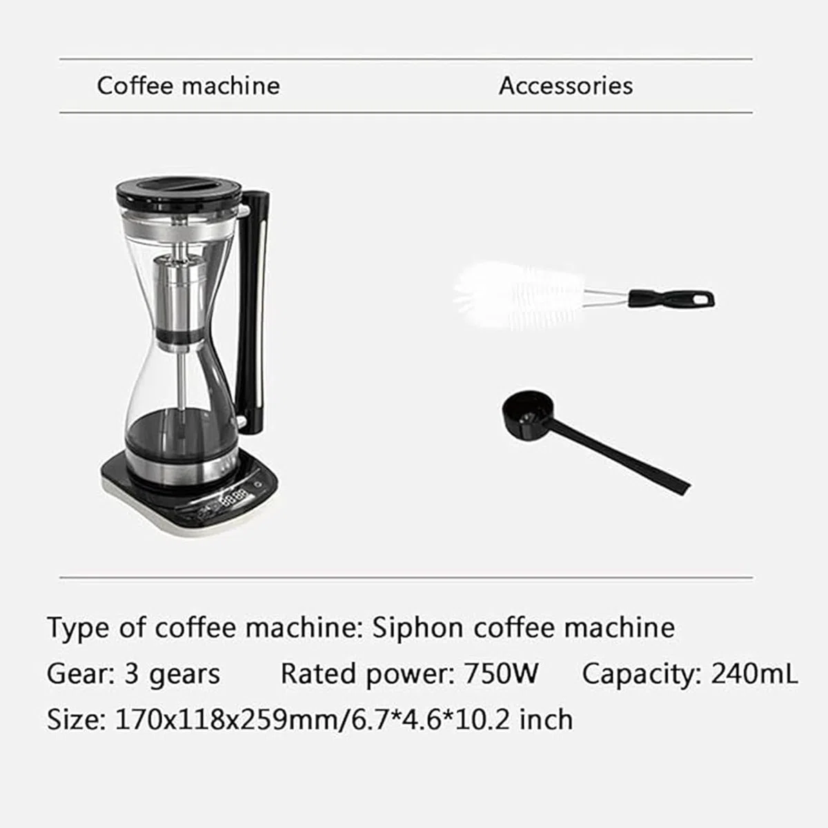 750-W-Glas-Siphon-Kaffeekanne, Elektrische Siphon-Kaffeemaschine, 240 Ml Fassungsvermögen, 3-stufig Einstellbar, Trockengehschutz, Smart Touch, Für Zuhause Und Büro
