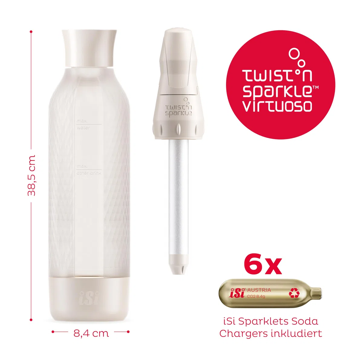 iSi Twist'n Sparkle Virtuoso Wassersprudler 0.95L – Soda Maker für Sprudelwasser, Säfte & Cocktails – Wasser Sprudler & Soda Maker mit rutschfester Silikon Hülle – Alternative Sprudelwasser Maschine