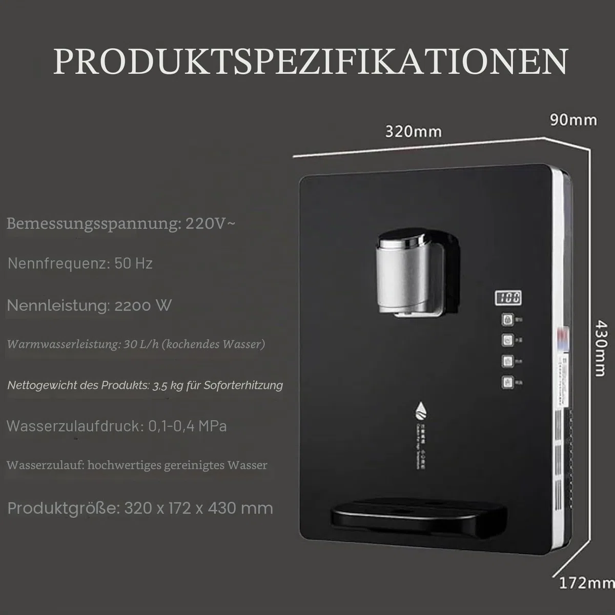 An der Wand montierter, netzgespeister Wasserspender, intelligenter Trinkwasserspender mit doppelter Temperaturregelung, 30 l/h Haushaltswasserkessel, drei Sekunden schnelles Aufheizen(Black)