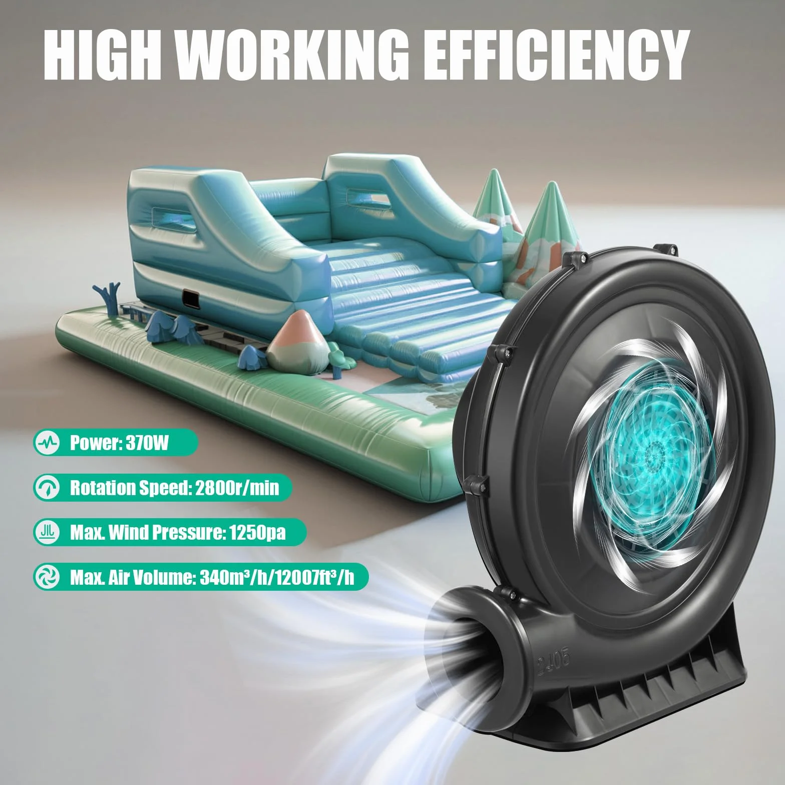 Gebläse 370W für aufblasbare Modelle – Luftgebläse mit 340 m³/h (12007 ft³/h) Luftvolumen & 1250 Pa Winddruck, IP44 Hochdruckgebläse mit 80 dB für Hüpfburg & Werbebogen, 2800 U/min, Schwarz