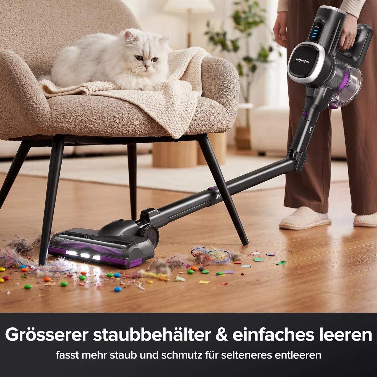 Lubluelu Akku-Staubsauger 48KPa 450W | Kabellos bis 50 Min Laufzeit | Faltbares Knickrohr | Anti-Tangle Bürste | Großer Staubbehälter | Leise & Selbststehend für Hartboden, Teppich & Tierhaare